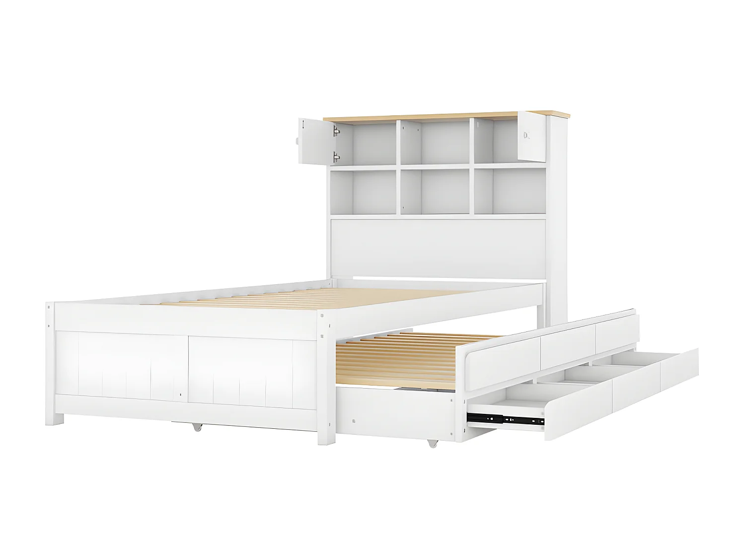 Cama nido de madera 90x200 cm - con 3 cajones y cabecero con almacenaje - Blanco