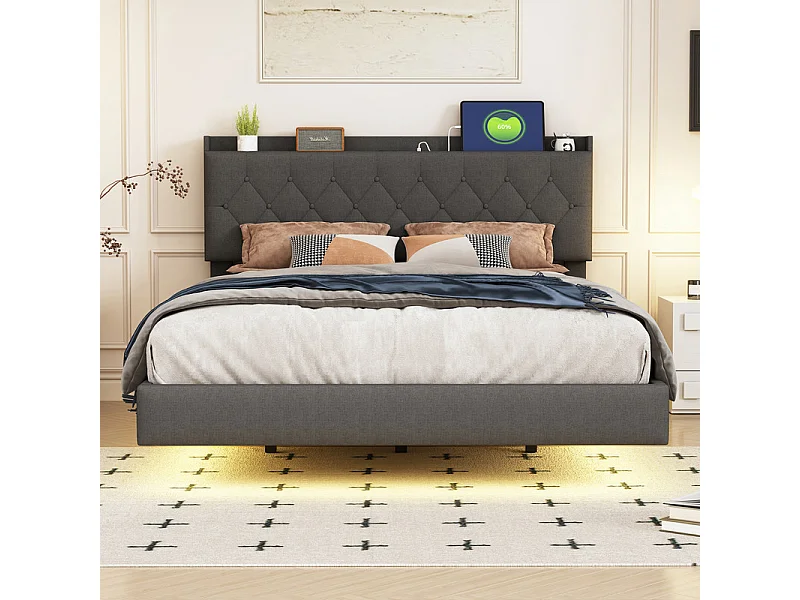 Gewatteerd linnen bed 140x200cm - met USB & LED-oplaadpoort - met lattenbodem - Grijs