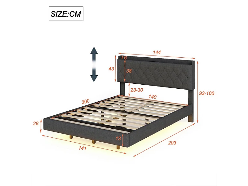 Gewatteerd linnen bed 140x200cm - met USB & LED-oplaadpoort - met lattenbodem - Grijs
