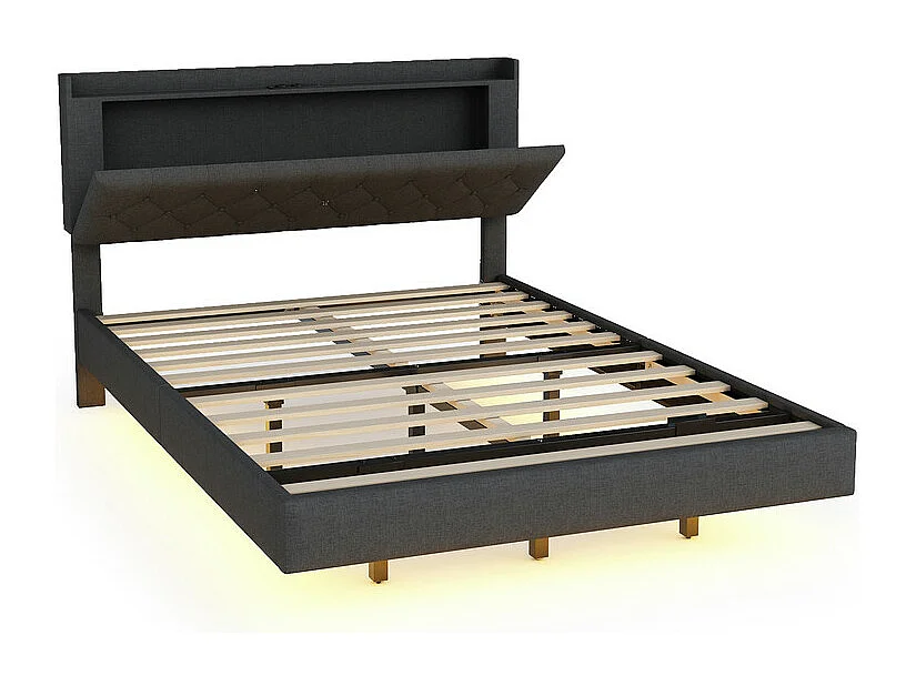 Gewatteerd linnen bed 140x200cm - met USB & LED-oplaadpoort - met lattenbodem - Grijs