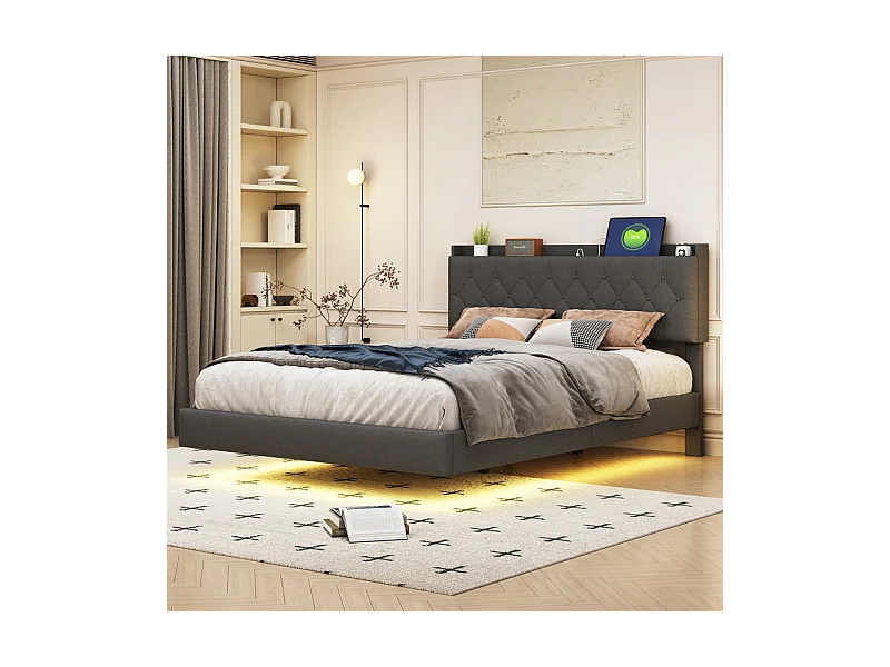 Lit double capitonné 140x200 cm - avec Port de chargement USB ET LED à couleur changeante - avec sommier à lattes - Gris