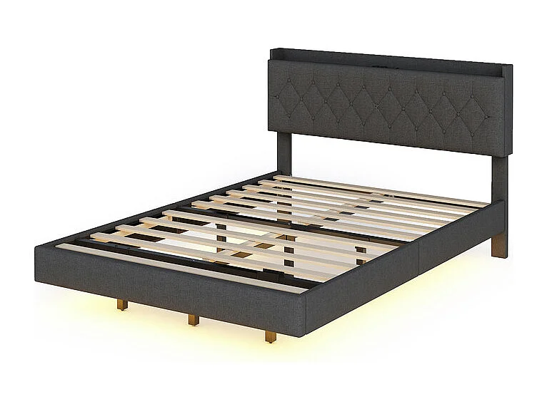 Letto imbottito in lino 140x200 cm - con porta di ricarica USB e LED - con rete a doghe - Grigio