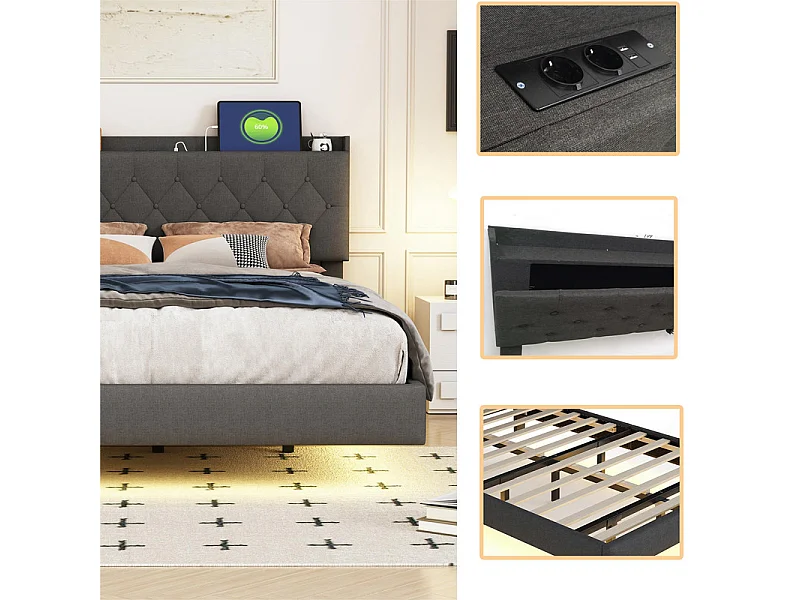 Gewatteerd linnen bed 160x200cm - met USB & LED-oplaadpoort - met lattenbodem - Grijs