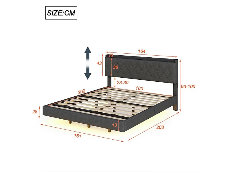 Gewatteerd linnen bed 160x200cm - met USB & LED-oplaadpoort - met lattenbodem - Grijs