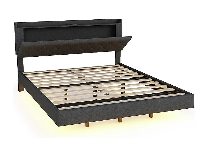 Gewatteerd linnen bed 160x200cm - met USB & LED-oplaadpoort - met lattenbodem - Grijs