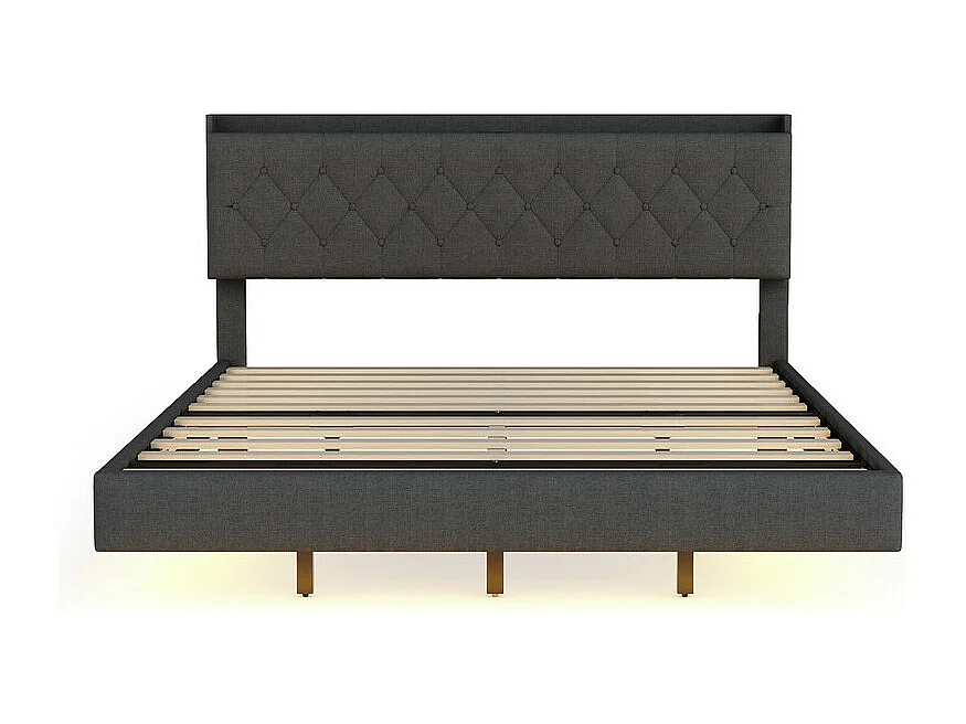 Gewatteerd linnen bed 160x200cm - met USB & LED-oplaadpoort - met lattenbodem - Grijs