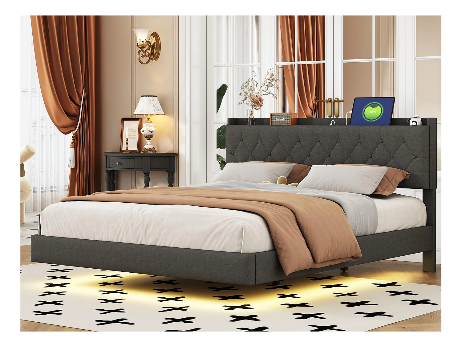 Lit double capitonné 160x200 cm - avec Port de chargement USB ET LED à couleur changeante - avec sommier à lattes - Gris