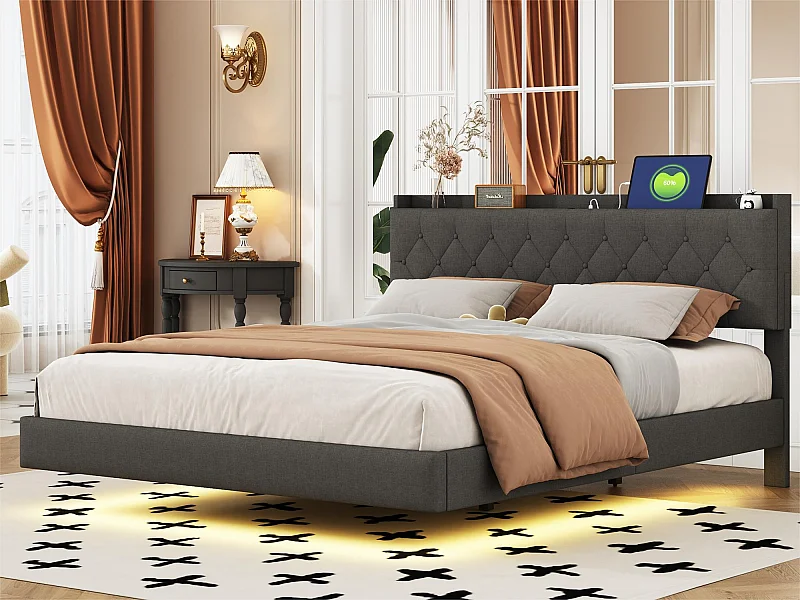 Letto imbottito in lino 160x200 cm - con porta di ricarica USB e LED - con rete a doghe - Grigio