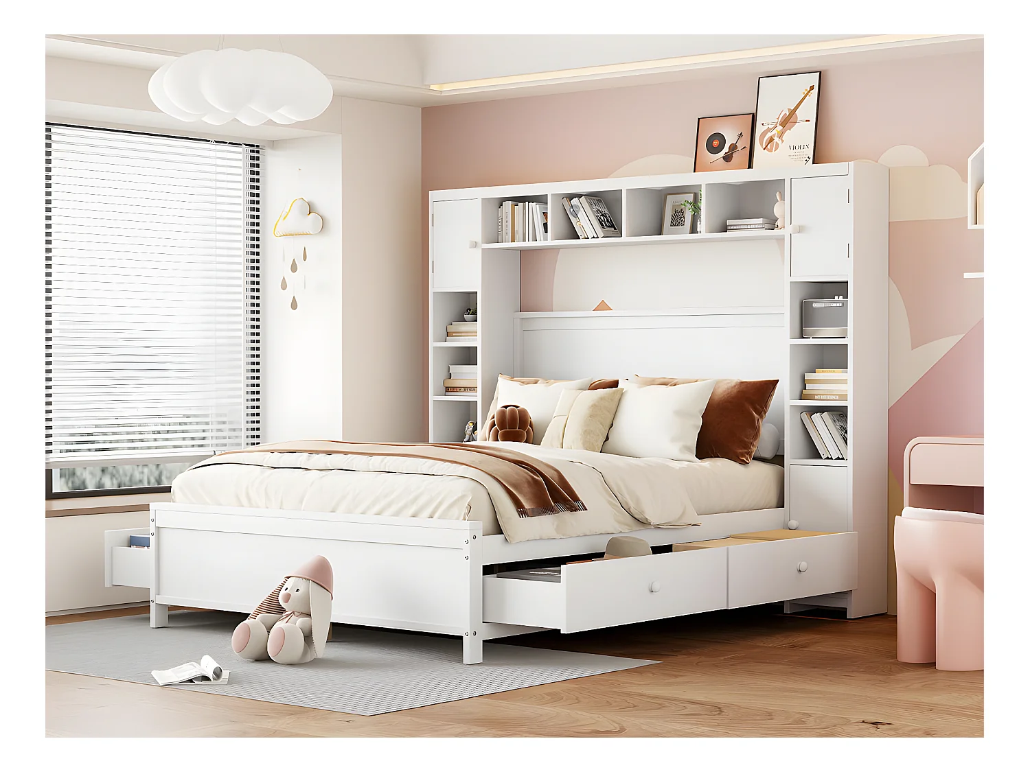 Lit double 140x200cm - avec 4 tiroirs et grande tête de rangement - en bois massif - Blanc