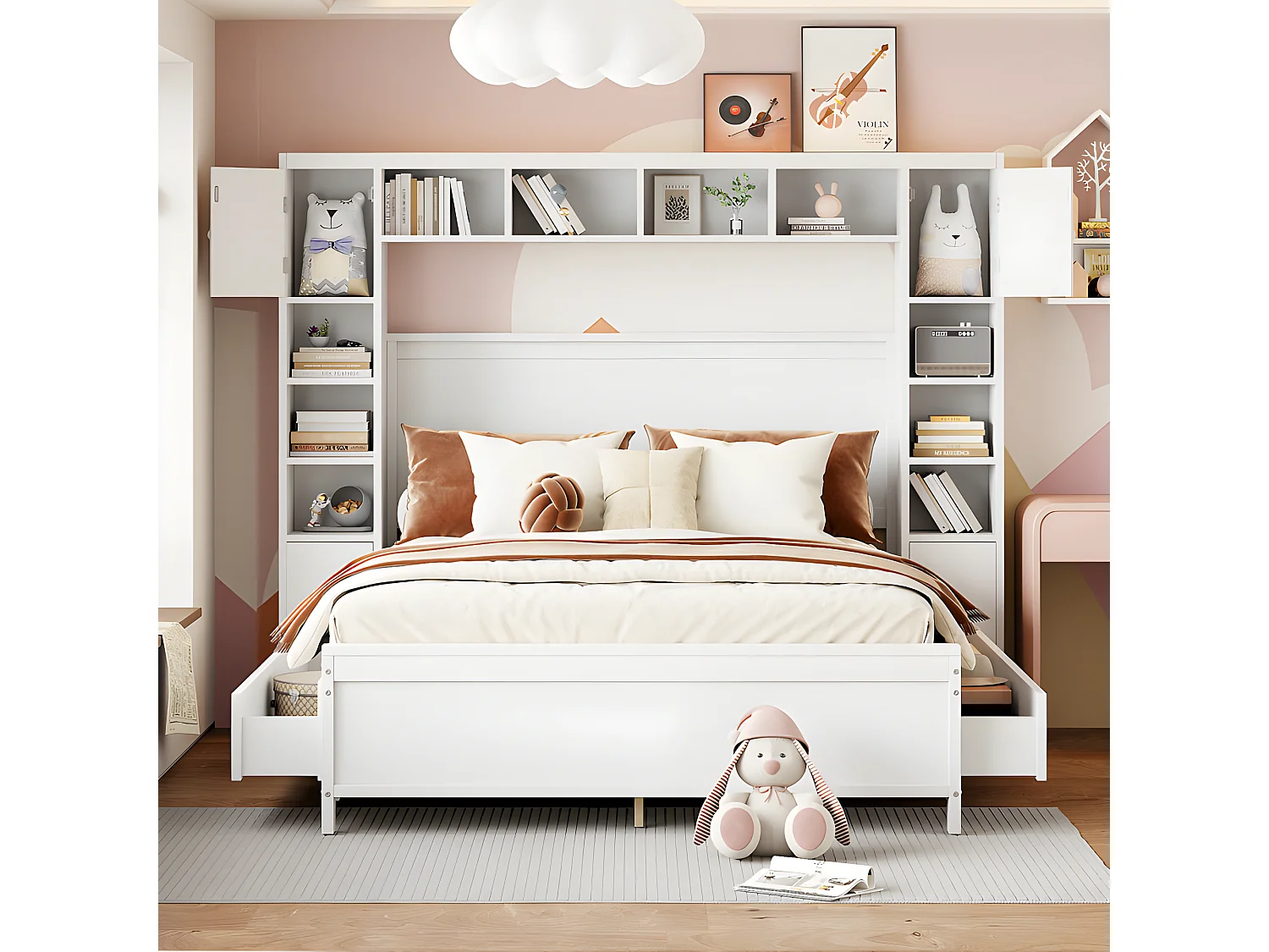 Letto matrimoniale 140x200 cm - con 4 cassetti e ampia testiera contenitore - legno massello - Bianco