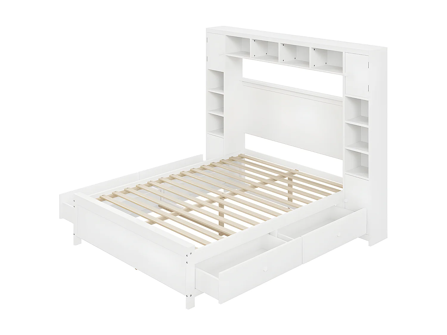 Letto matrimoniale 140x200 cm - con 4 cassetti e ampia testiera contenitore - legno massello - Bianco