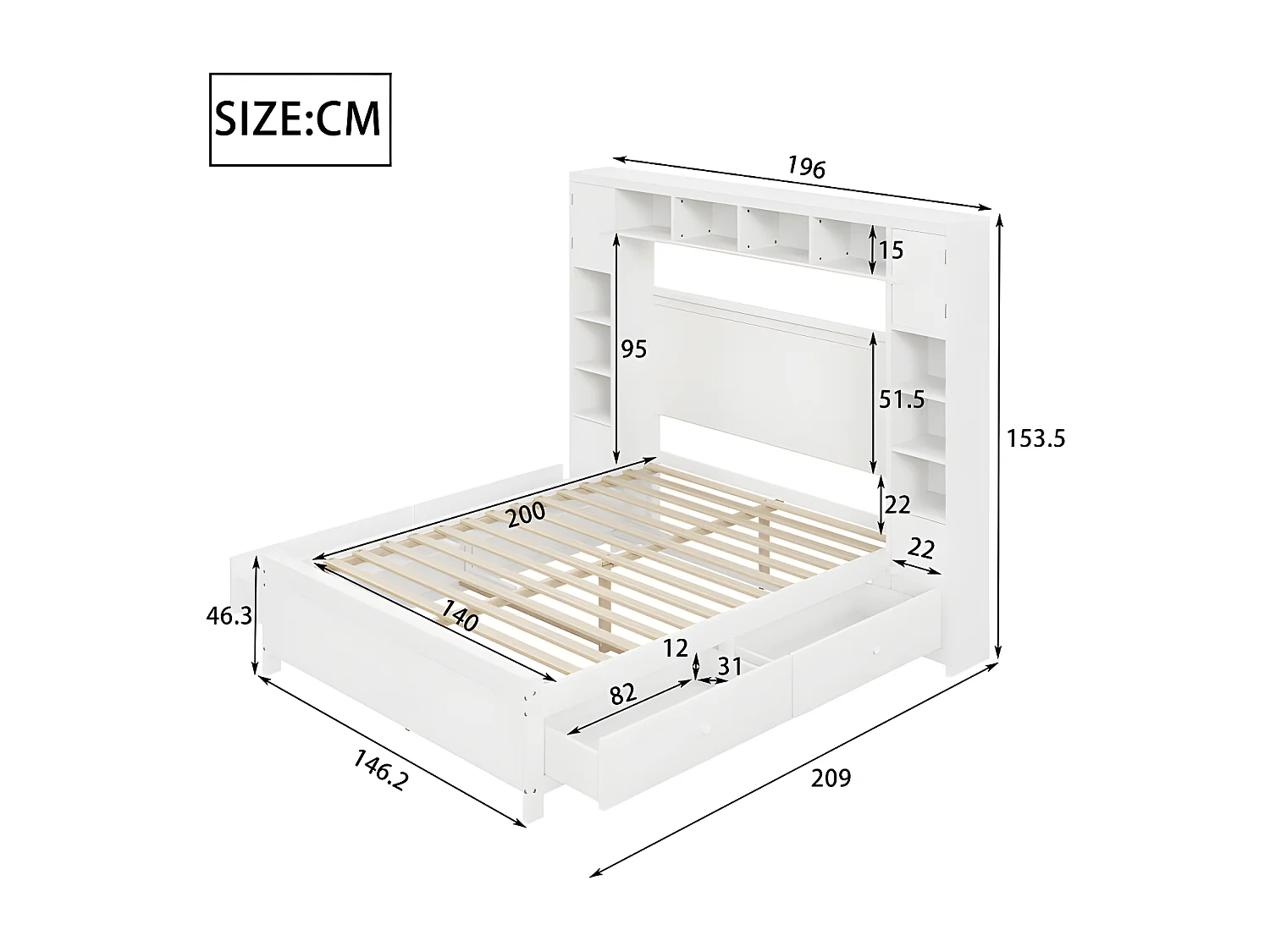 Letto matrimoniale 140x200 cm - con 4 cassetti e ampia testiera contenitore - legno massello - Bianco