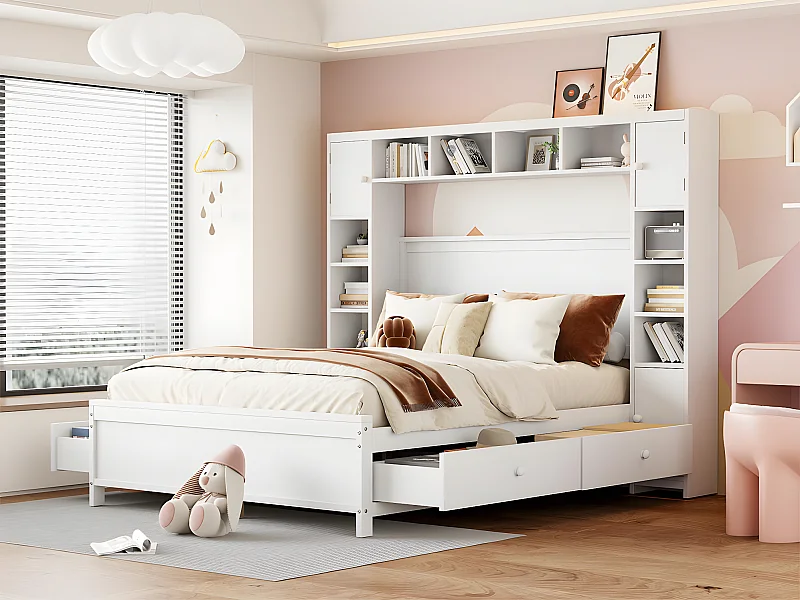 Letto matrimoniale 140x200 cm - con 4 cassetti e ampia testiera contenitore - legno massello - Bianco