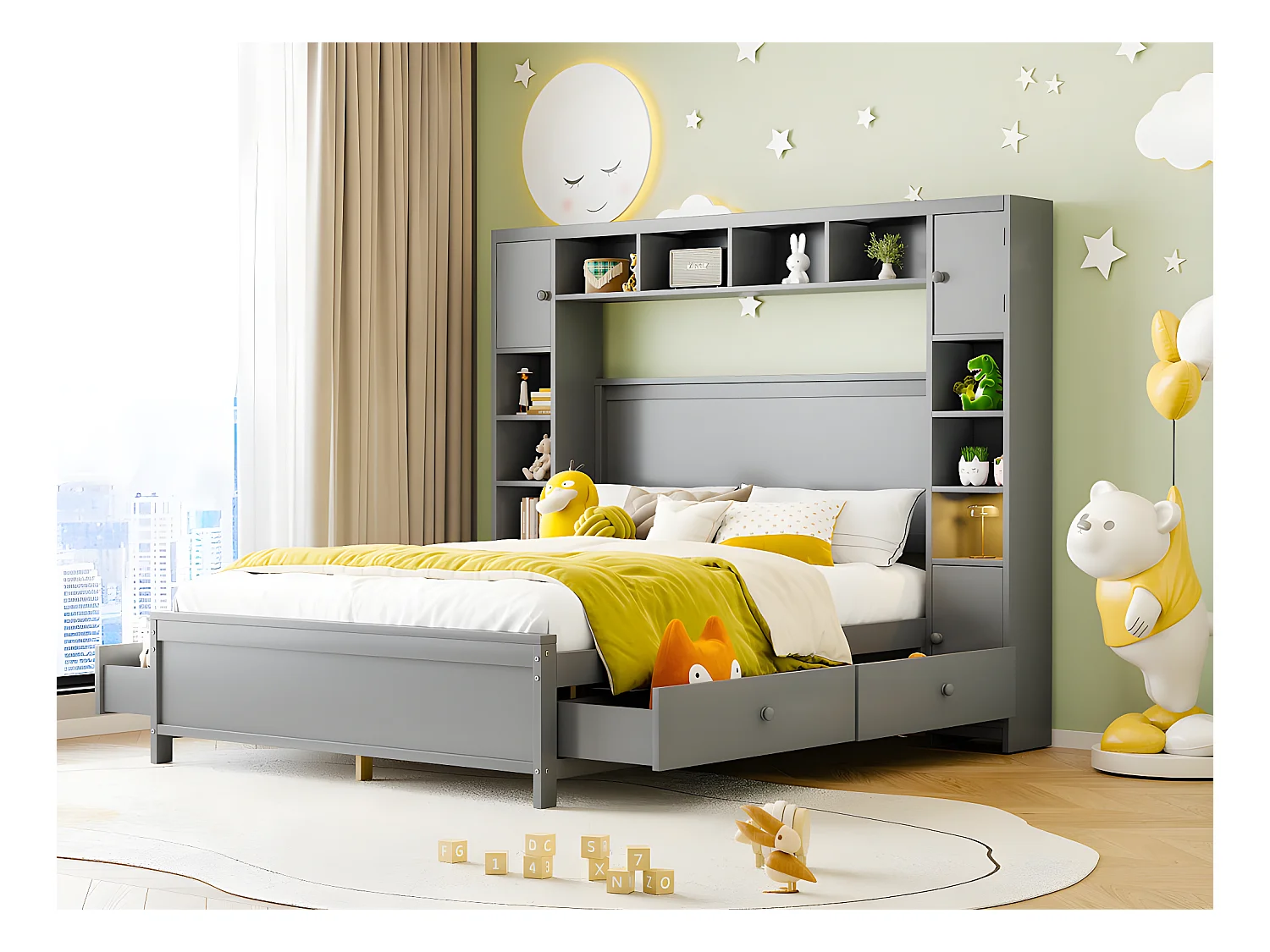 Lit double 140x200cm - avec 4 tiroirs et grande tête de rangement - en bois massif - Gris