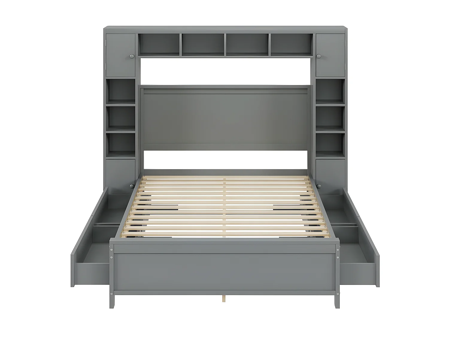 Letto matrimoniale 140x200cm - con 4 cassetti e ampia testiera contenitore - legno massello - Grigio