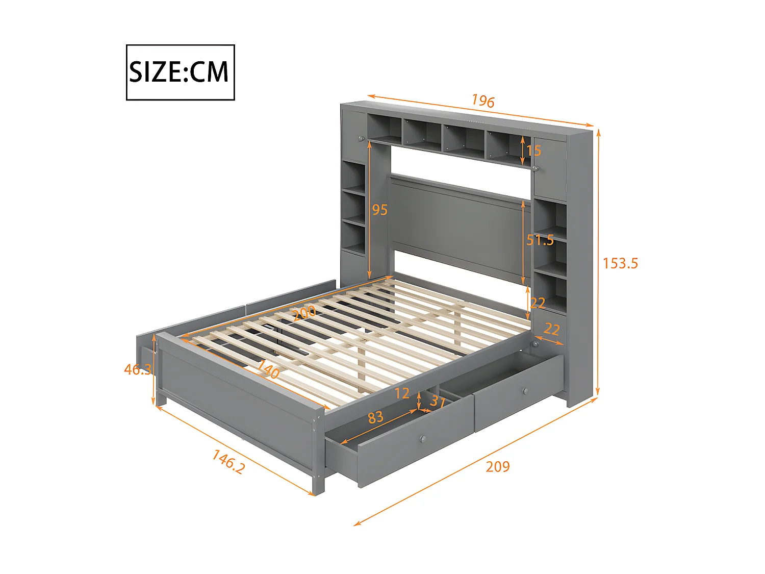 Letto matrimoniale 140x200cm - con 4 cassetti e ampia testiera contenitore - legno massello - Grigio