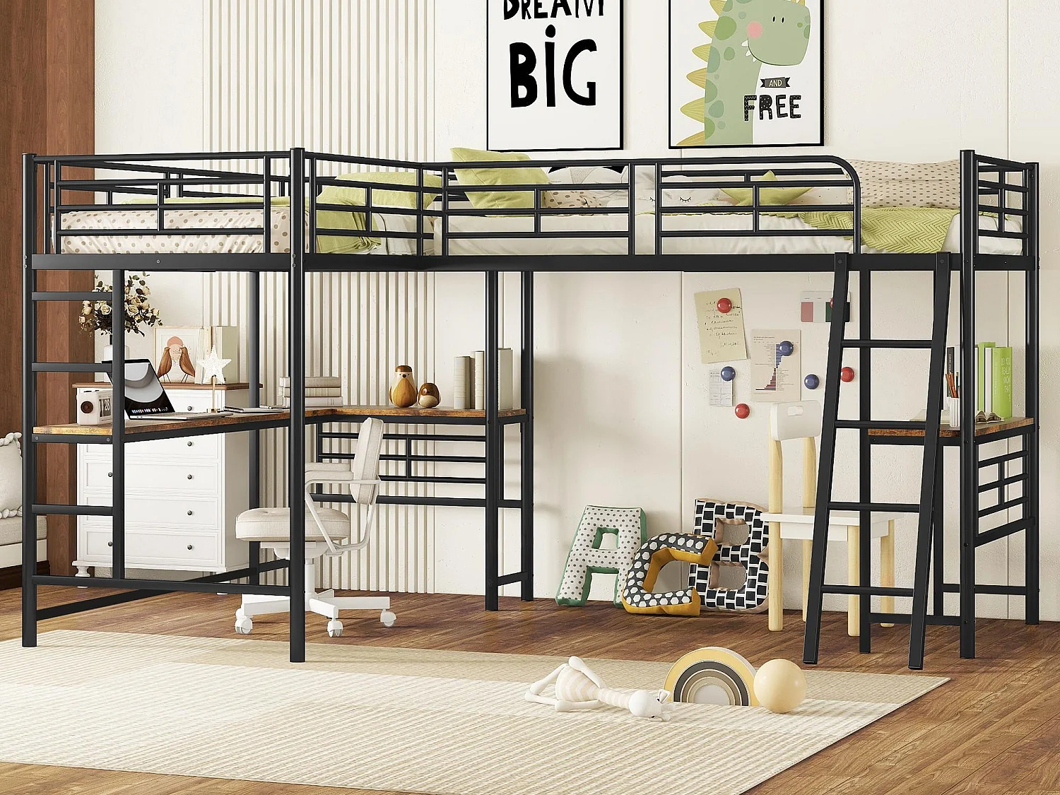 Cama entrepiso - 2 camas 90x200 cm - 2 escritorios debajo de la cama - Negro