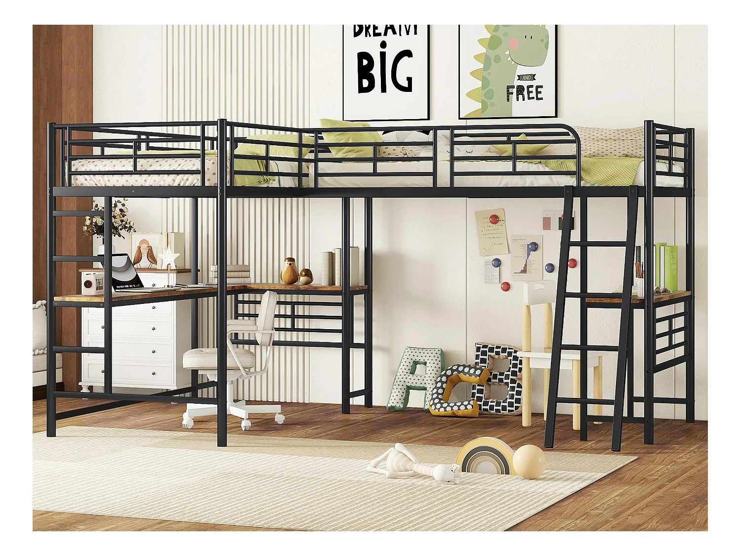 Lit mezzanine - 2 lits 90x200 cm - 2 bureaux sous le lit - Noir