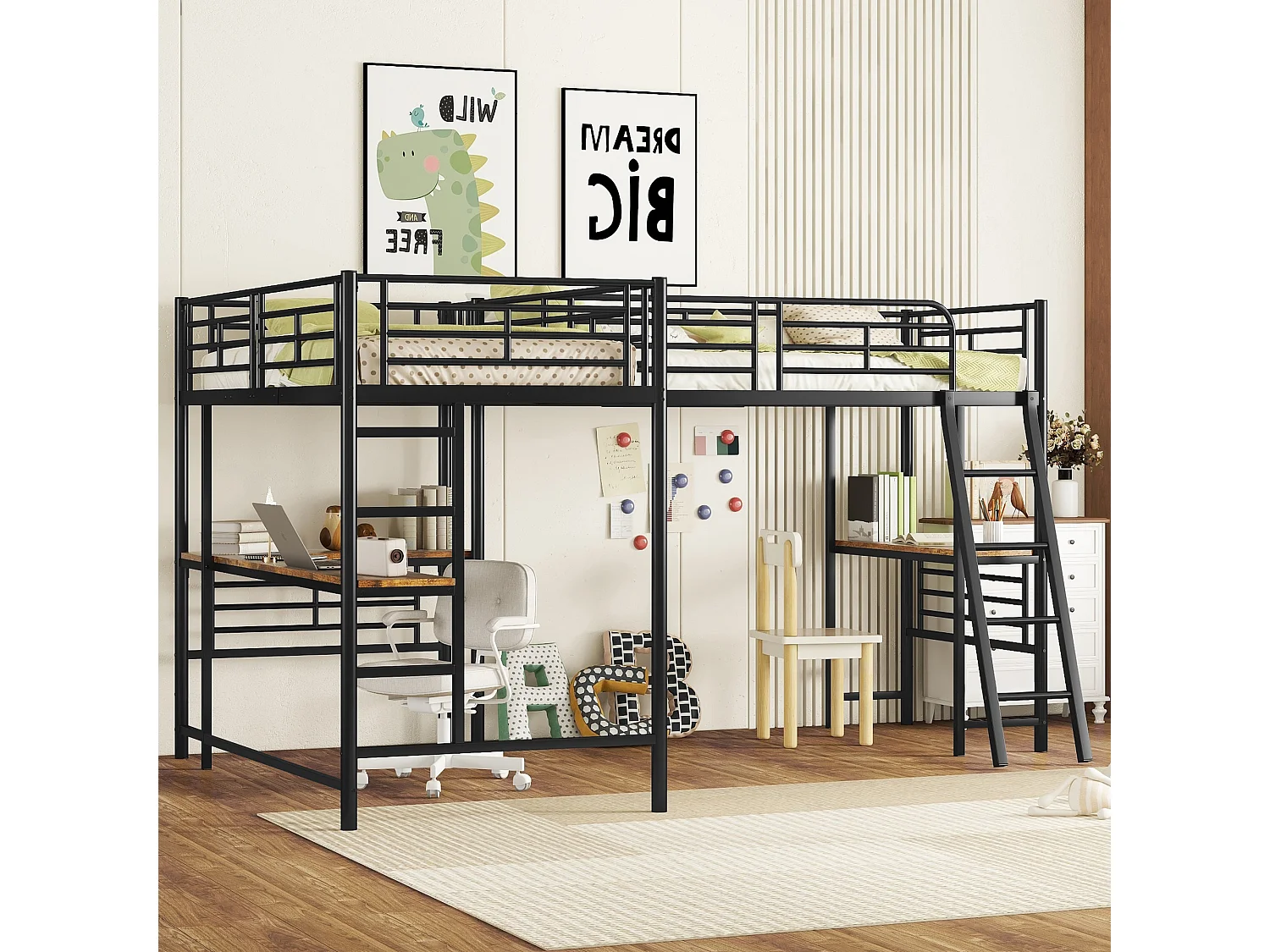 Mezzaninebed - 2 bedden 90x200 cm - 2 bureaus onder het bed - Zwart