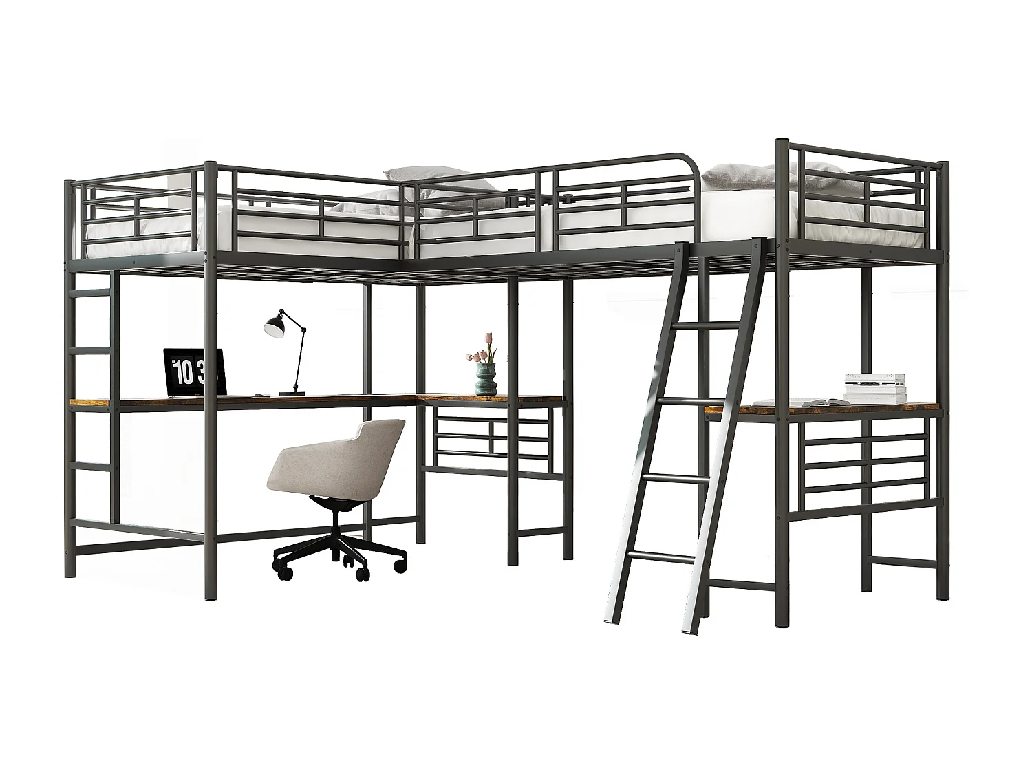 Mezzaninebed - 2 bedden 90x200 cm - 2 bureaus onder het bed - Zwart