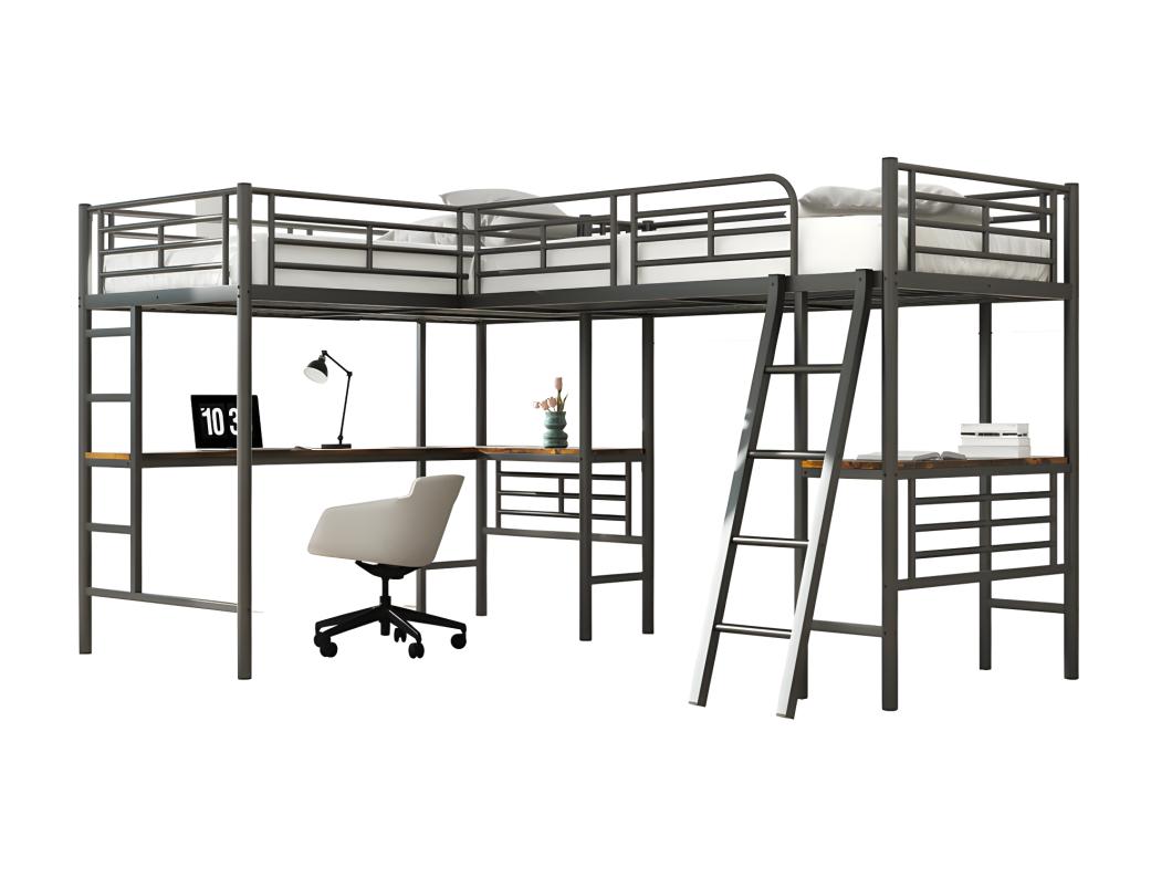 Mezzaninebed - 2 bedden 90x200 cm - 2 bureaus onder het bed - Zwart
