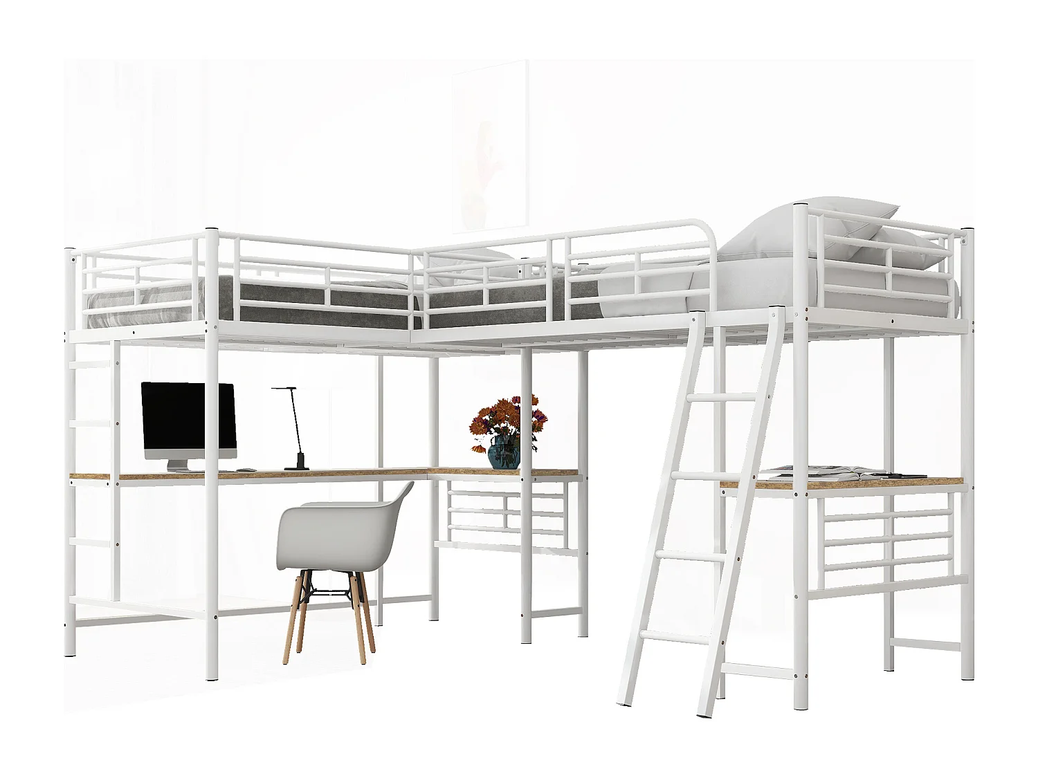 Cama entrepiso - 2 camas 90x200 cm - 2 escritorios debajo de la cama - Blanco