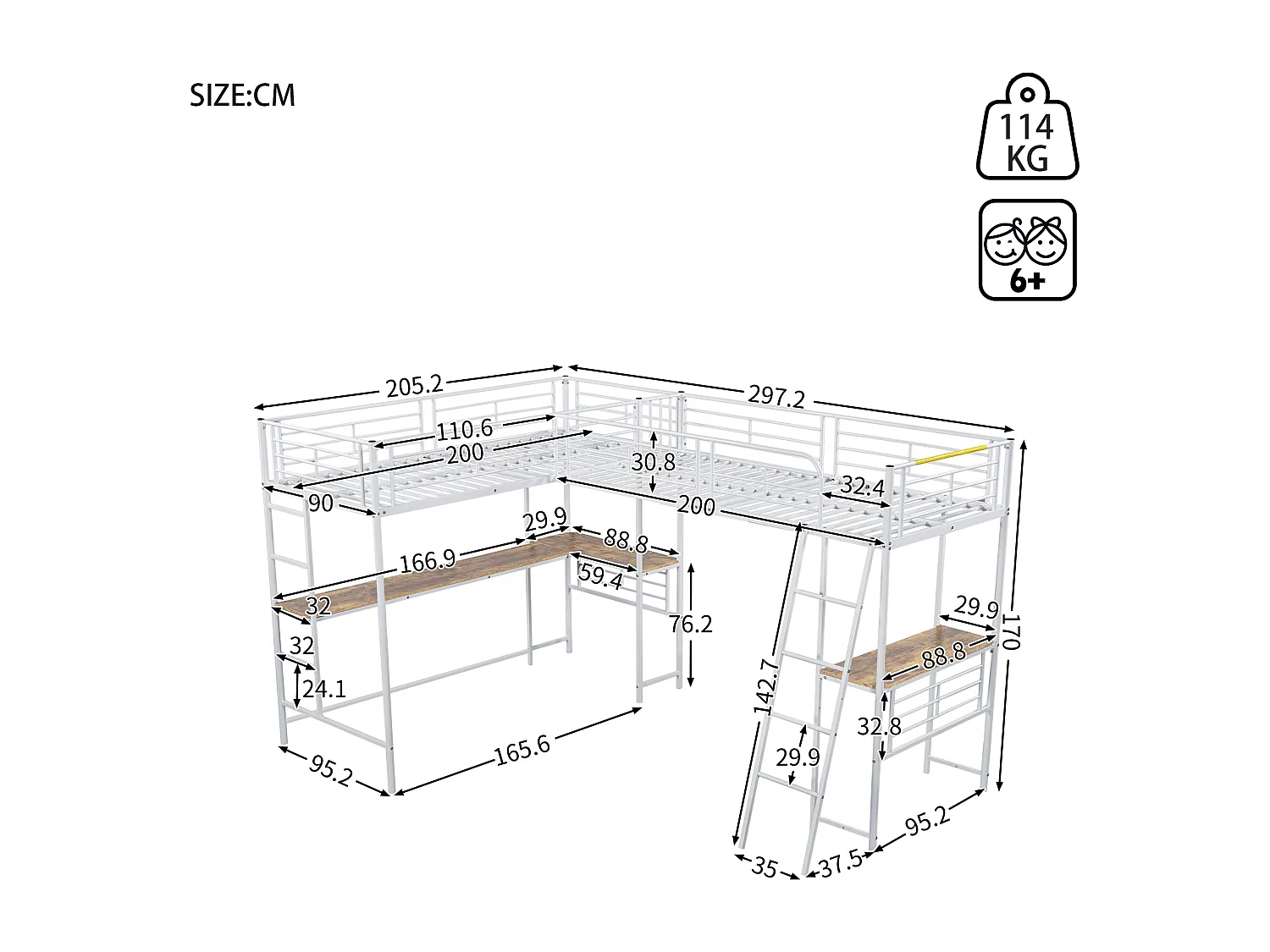 Lit mezzanine - 2 lits 90x200 cm - 2 bureaux sous le lit - Blanc