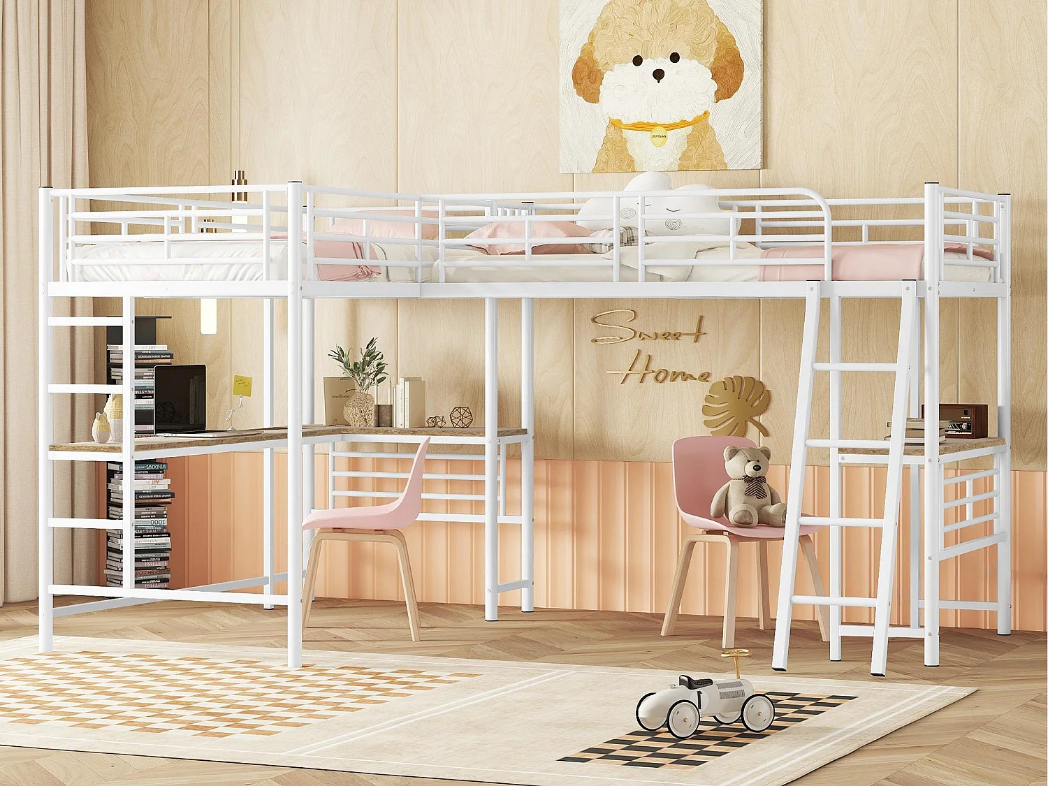 Mezzaninebed - 2 bedden 90x200 cm - 2 bureaus onder het bed - Wit