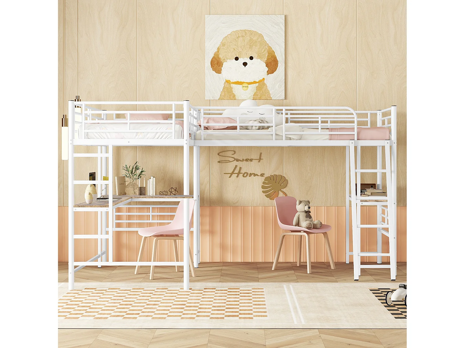 Mezzaninebed - 2 bedden 90x200 cm - 2 bureaus onder het bed - Wit