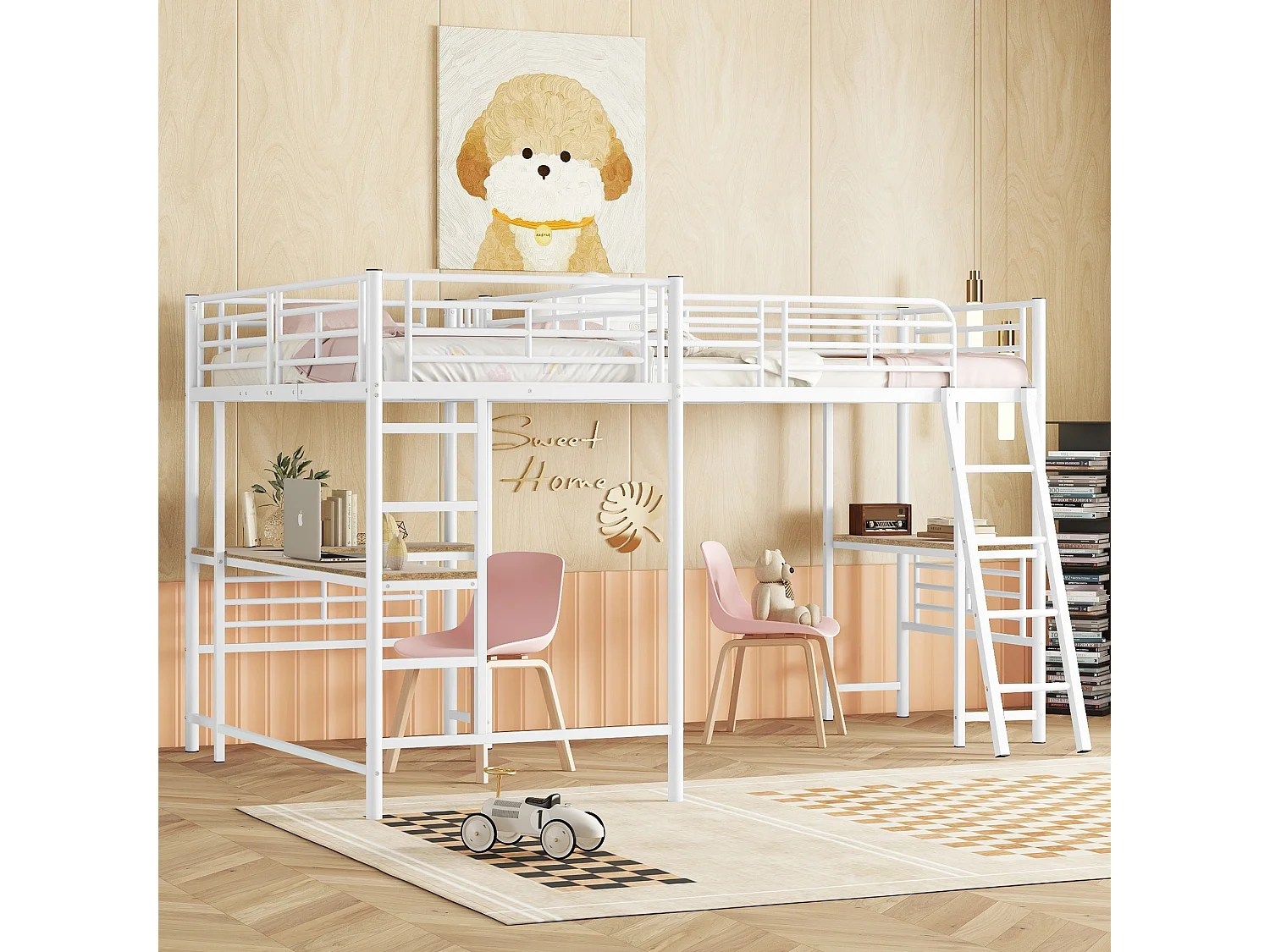 Mezzaninebed - 2 bedden 90x200 cm - 2 bureaus onder het bed - Wit