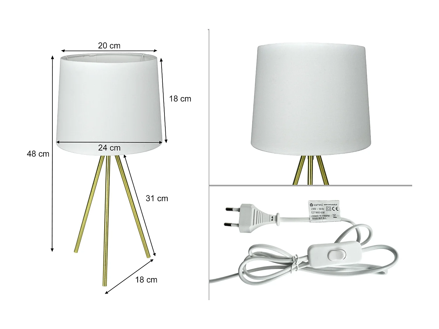 Lampada da tavolo con treppiede in metallo dorato, abat jour mod. Michelle