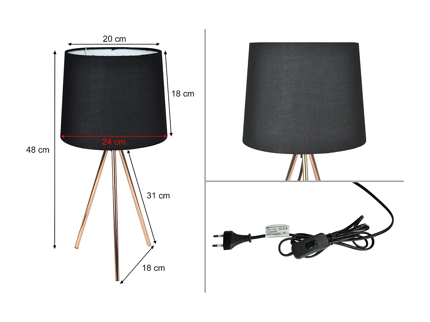 Lampada da tavolo con treppiede in metallo color oro rosa, abat jour mod. Michelle