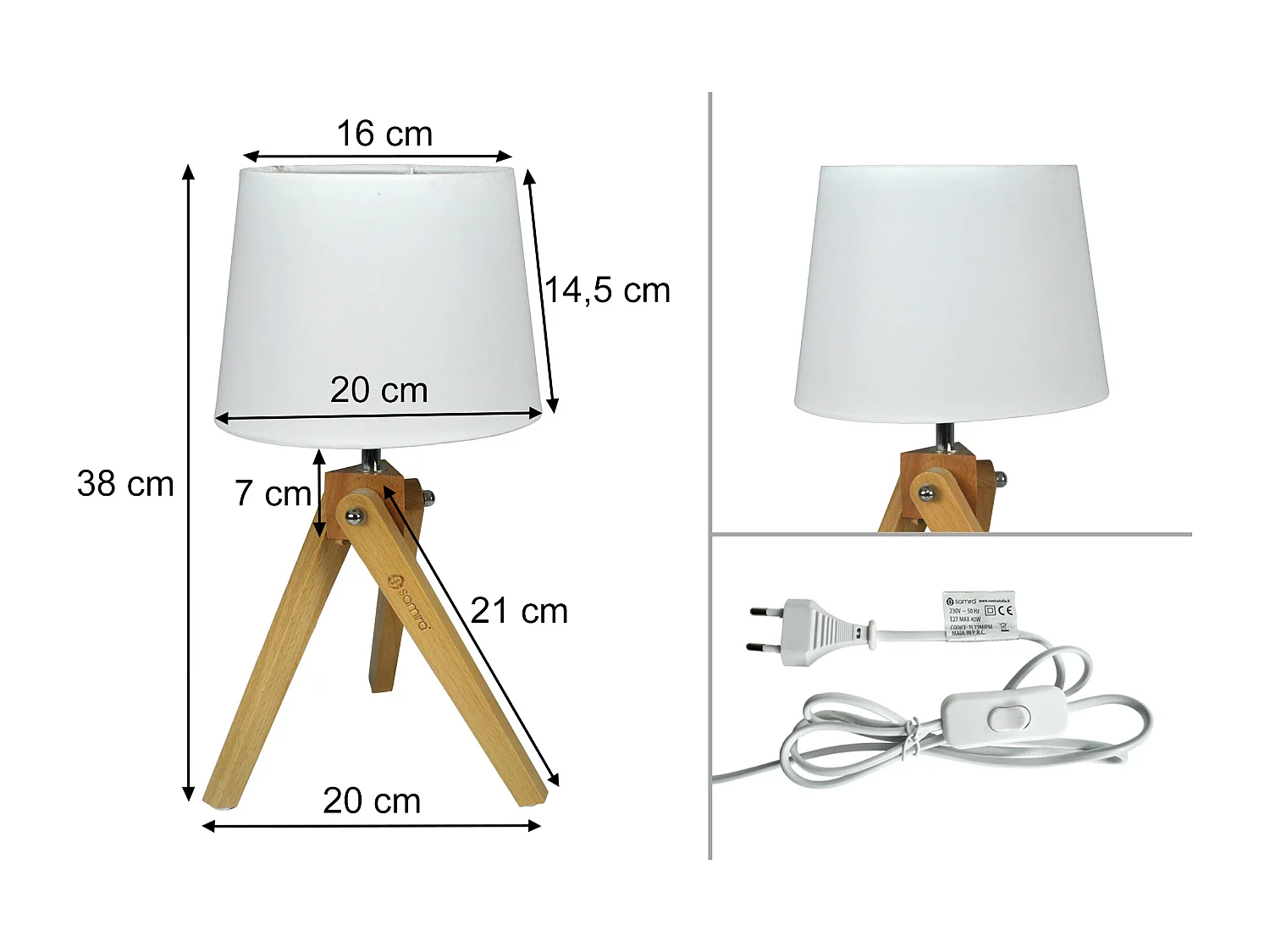 Lampada da tavolo con treppiede in legno, Abat jour mod. Aisha