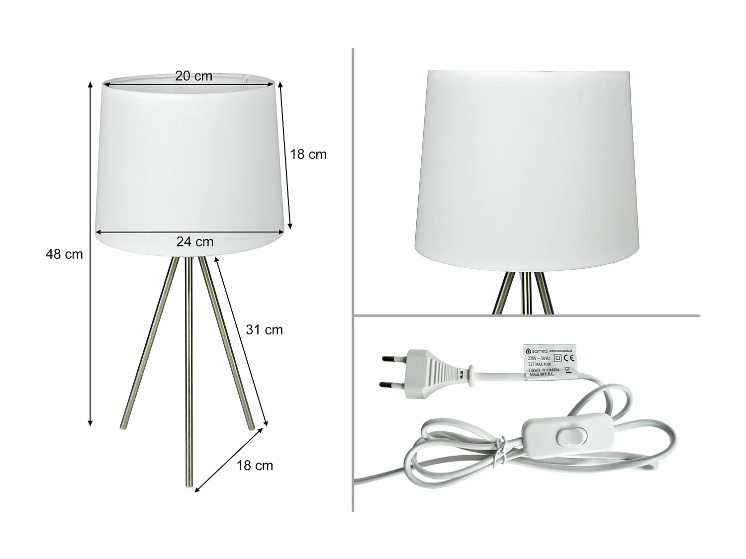 Lampada da tavolo con treppiede in metallo argentato, abat jour mod. Michelle