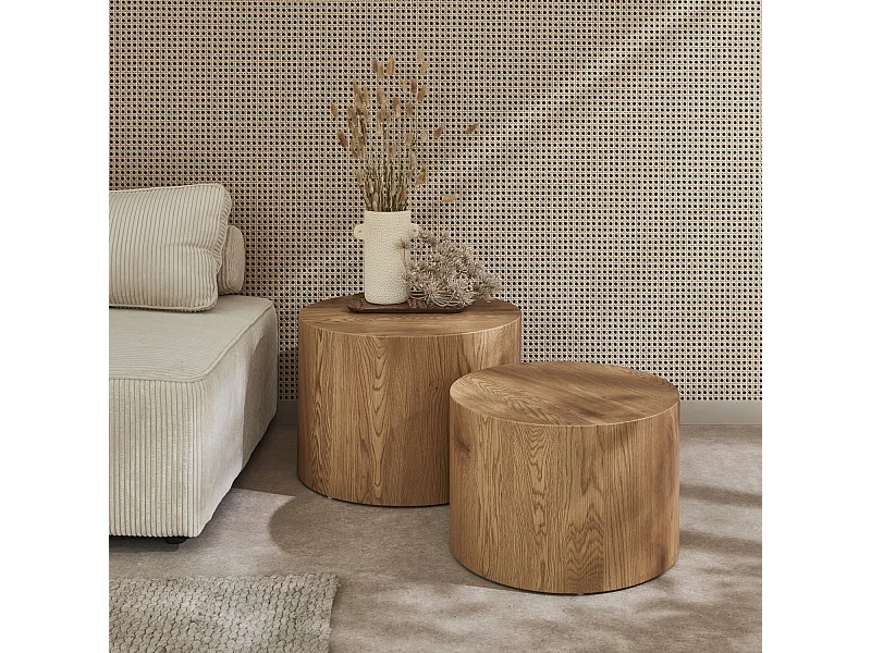 Set di 2 tavolini rotondi impilabili effetto quercia, marrone naturale
