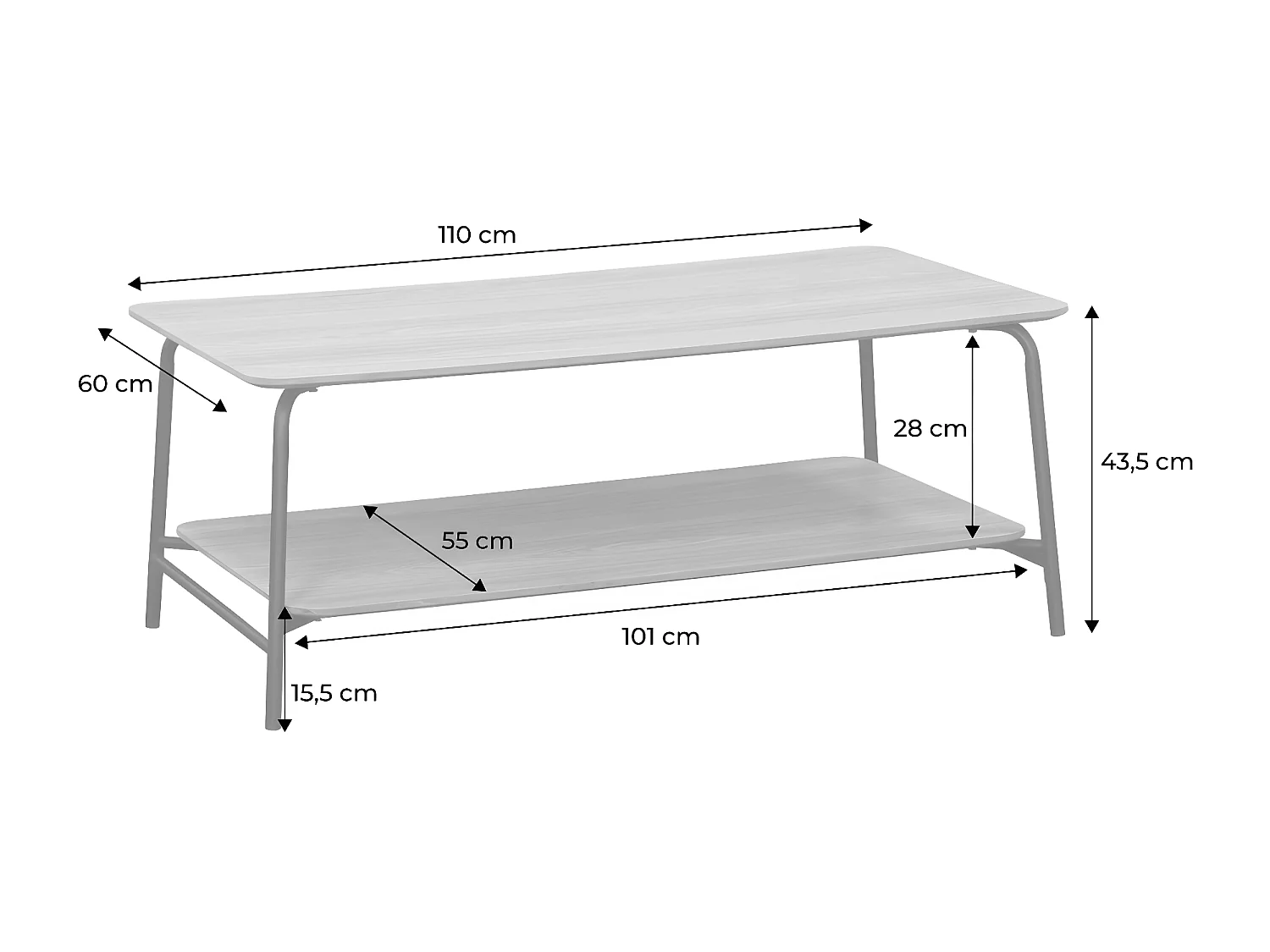 Table basse vintage effet table d'école en décor bois et métal noir avec 1 étagère