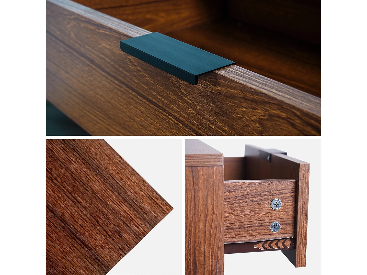 Table basse coloris noyer avec pieds et poignée en métal noir - 2 tiroirs et 1 étagère