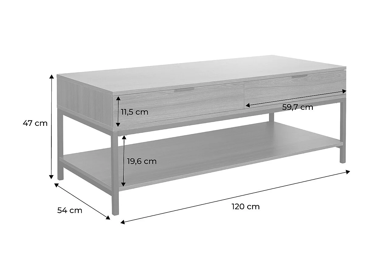 Table basse coloris noyer avec pieds et poignée en métal noir - 2 tiroirs et 1 étagère