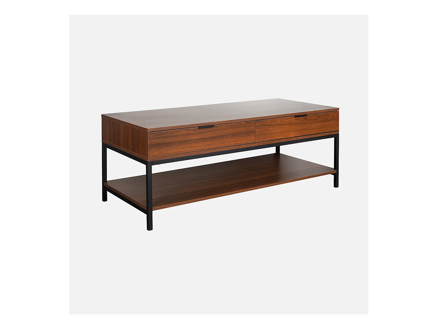 Table basse coloris noyer avec pieds et poignée en métal noir - 2 tiroirs et 1 étagère
