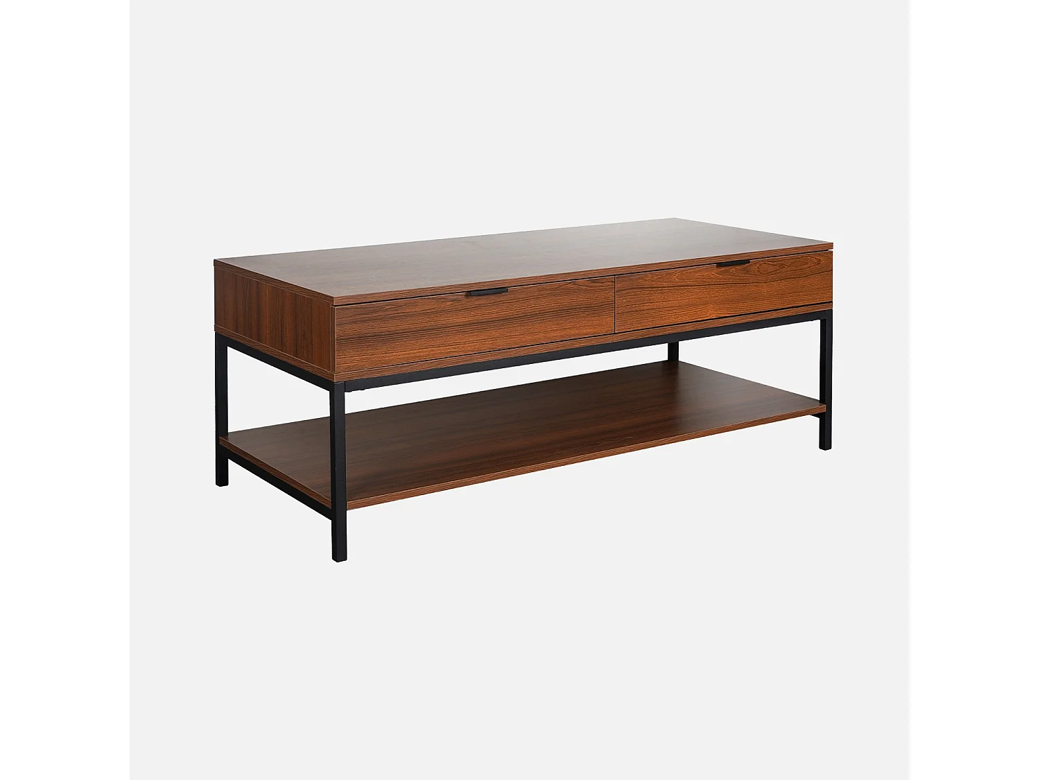 Table basse coloris noyer avec pieds et poignée en métal noir - 2 tiroirs et 1 étagère