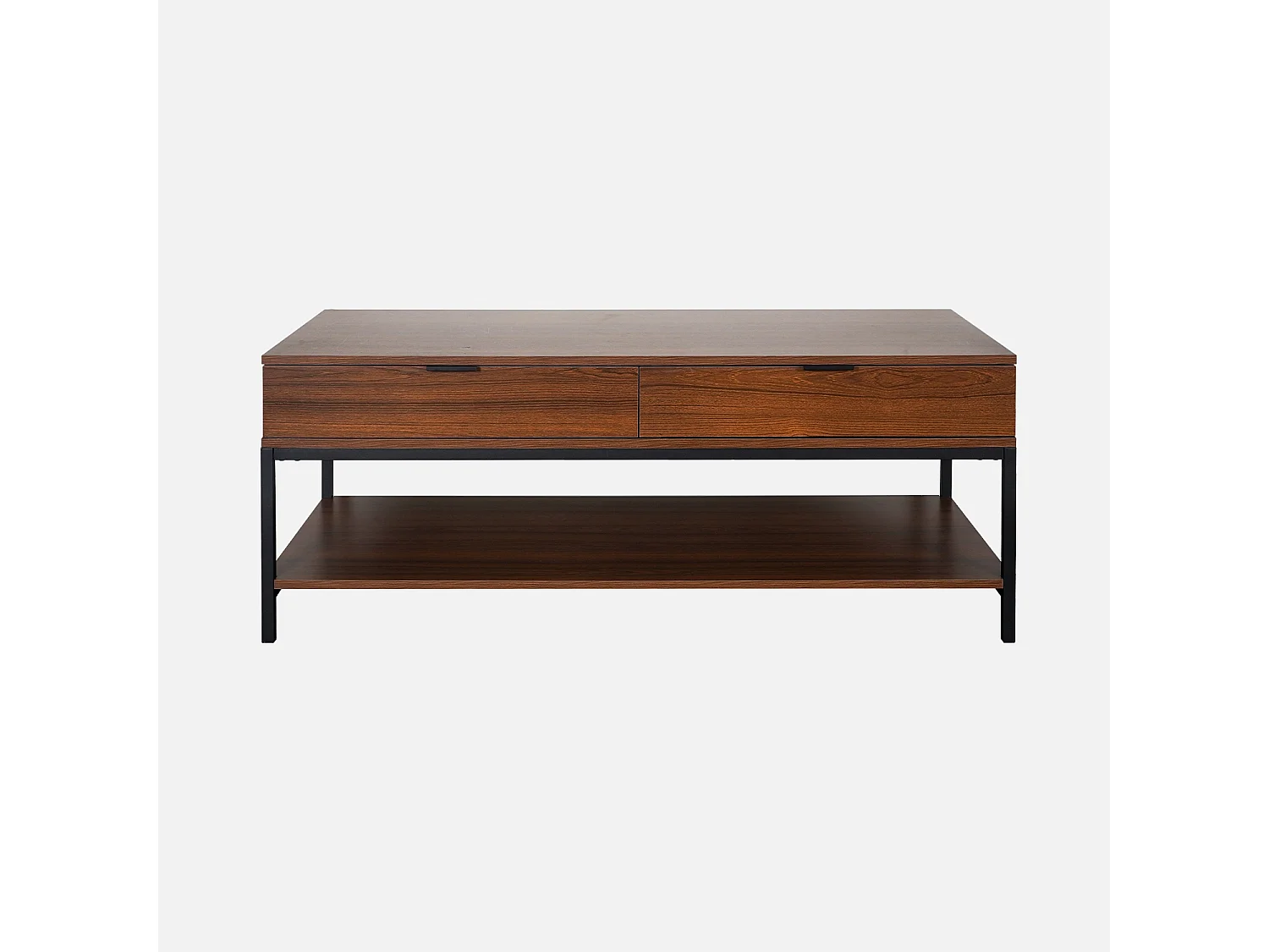 Table basse coloris noyer avec pieds et poignée en métal noir - 2 tiroirs et 1 étagère