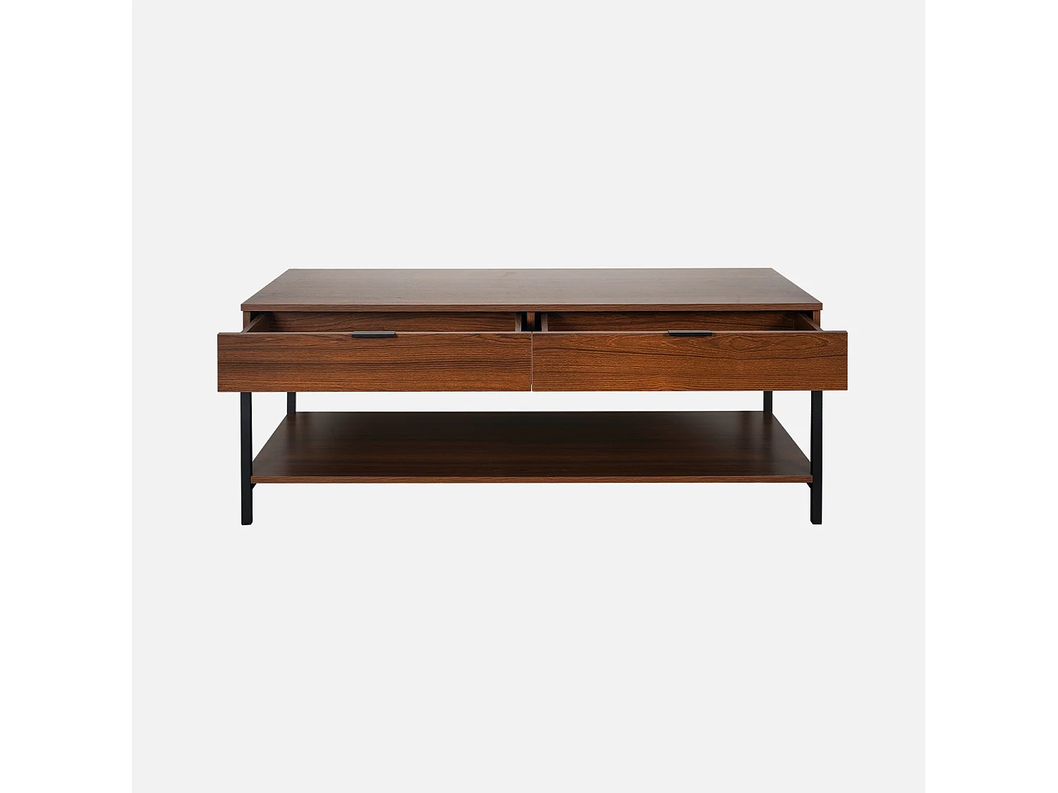 Table basse coloris noyer avec pieds et poignée en métal noir - 2 tiroirs et 1 étagère