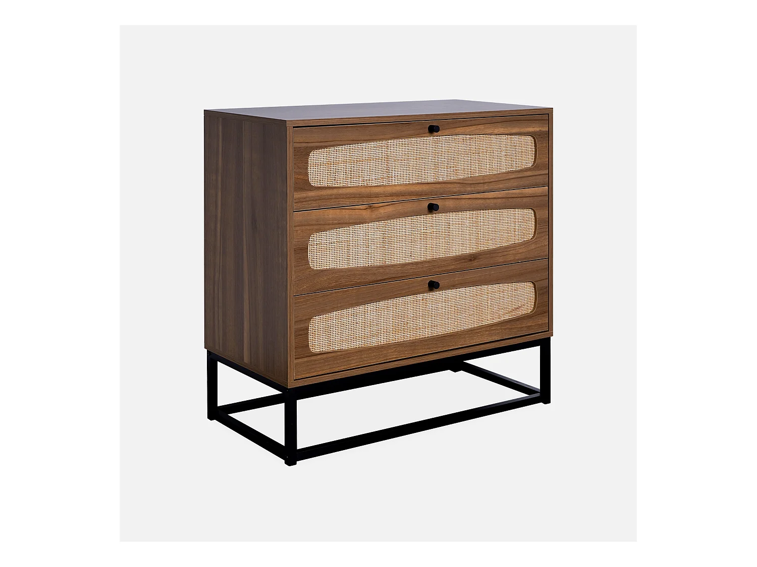 Commode rétro décor bois et cannage 3 tiroirs piètement et poignées en métal noir