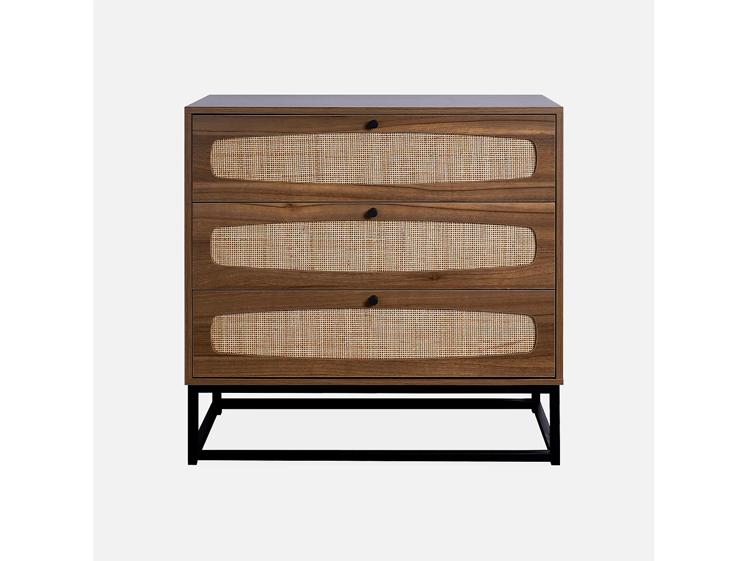 Commode rétro décor bois et cannage 3 tiroirs piètement et poignées en métal noir