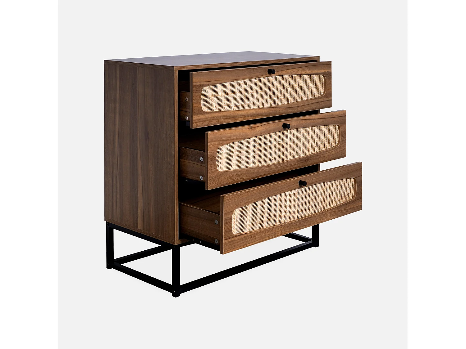 Commode rétro décor bois et cannage 3 tiroirs piètement et poignées en métal noir