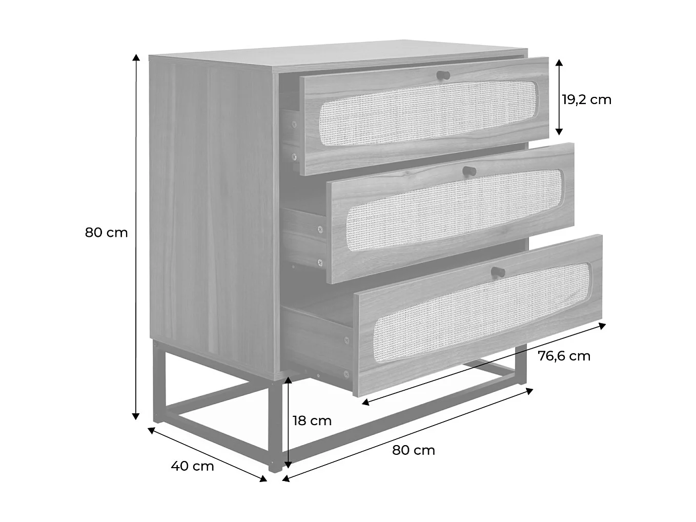 Commode rétro décor bois et cannage 3 tiroirs piètement et poignées en métal noir