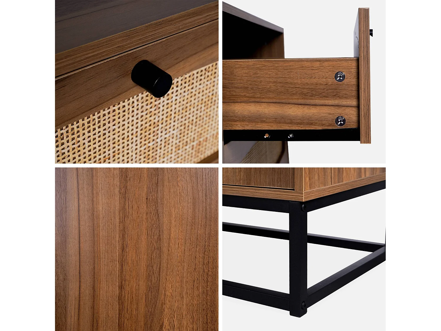 Commode rétro décor bois et cannage 3 tiroirs piètement et poignées en métal noir