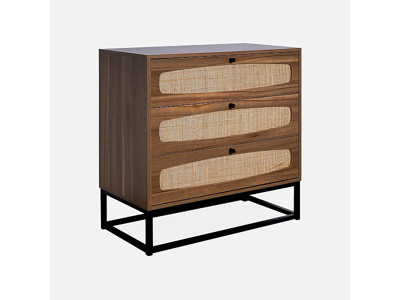 Commode rétro décor bois et cannage 3 tiroirs piètement et poignées en métal noir