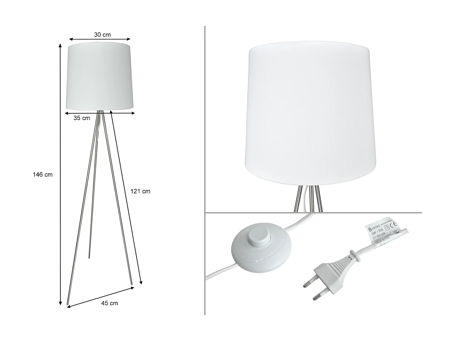 Lampada da terra con treppiede in metallo argentato, piantana mod. Michelle