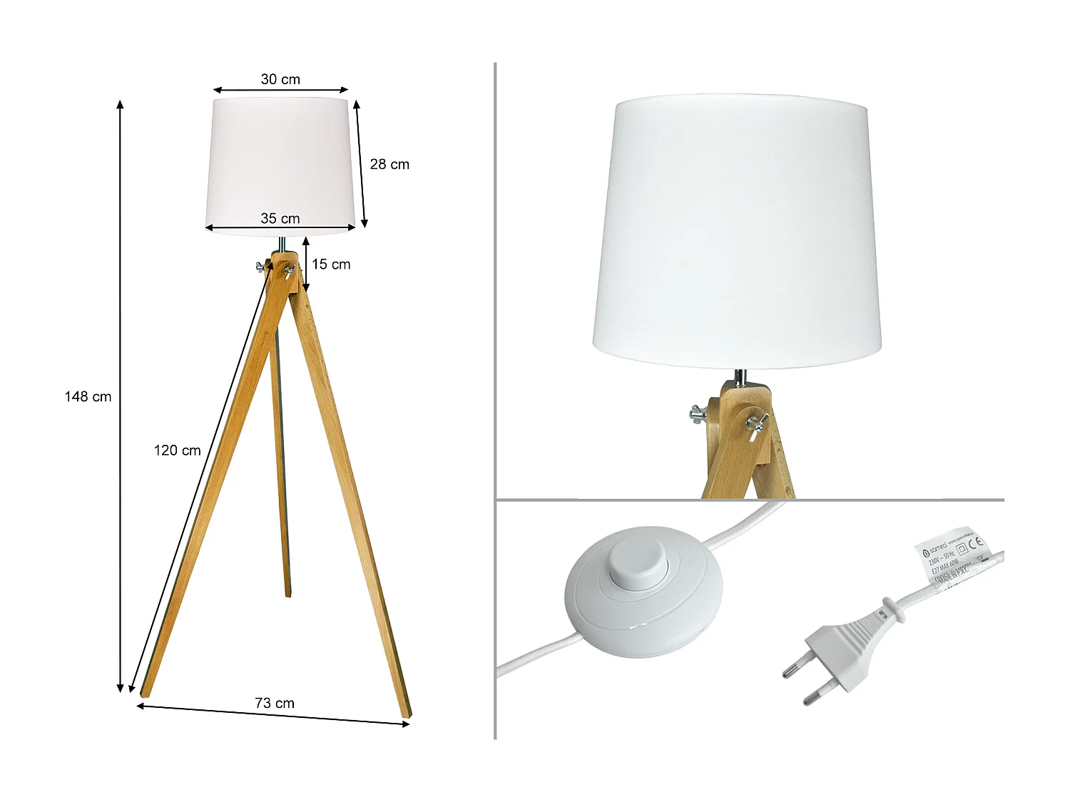 Lampada da terra con treppiede in legno, piantana mod. Aisha